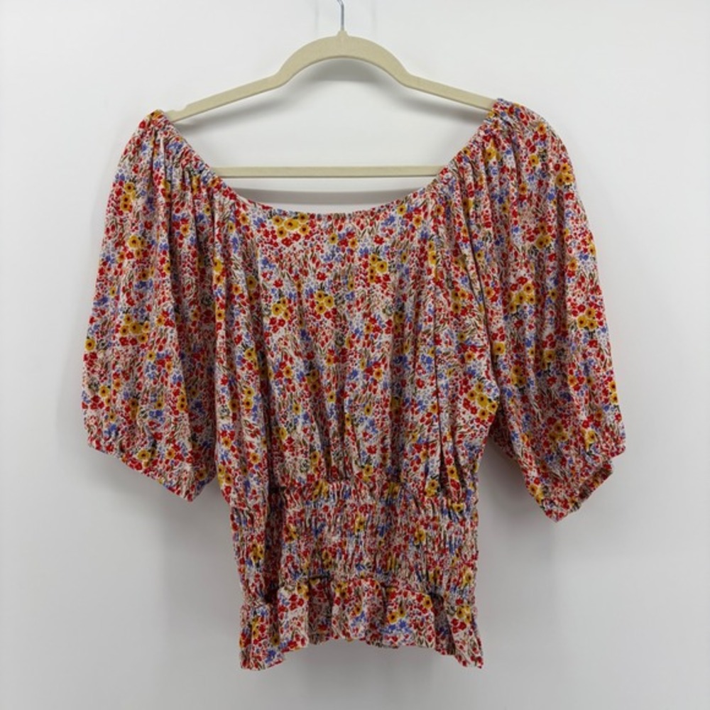 LOFT Outlet Womens Multicolor Floral Smocked Off Shoulder Puff Sleeve Top Size S - Picture 2 of 6